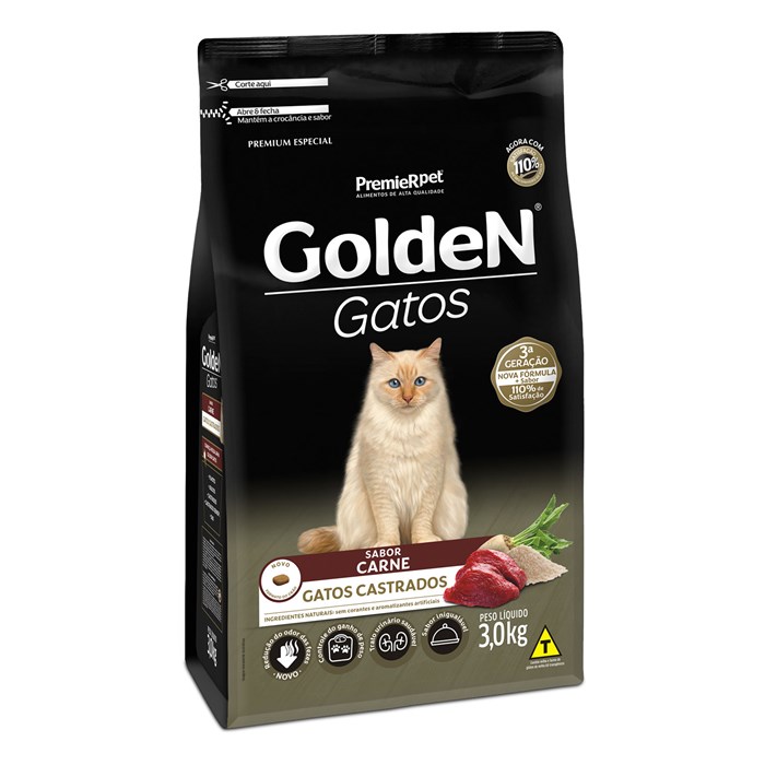 Ração Golden Gatos Adultos Castrados Carne 3,0 kg