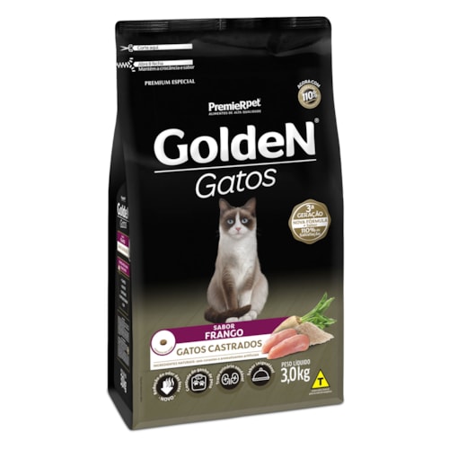 Ração Golden Gatos Adultos Castrados Frango 3,0 kg