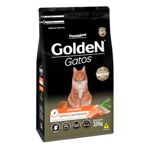 Ração Golden Gatos Adultos Castrados Salmão 3,0 kg