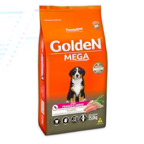 Ração Golden Mega para Cães Filhotes Raças Grandes Sabor Frango e Arroz 15kg