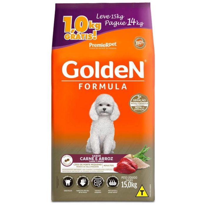 Ração Golden Mini Bits para Cães Adultos Sabor Carne Pague 14kg Leve 15KG