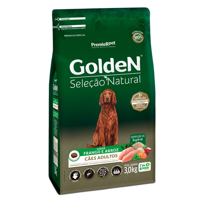 Ração Golden Seleção Natural Cães Adultos Frango e Arroz 3,0 kg