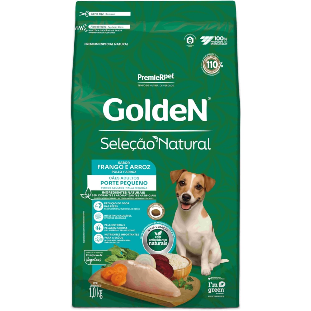 Ração Golden Seleção Natural Cães Adultos Porte Pequeno Mini Bits Sabor Frango e Arroz 1kg