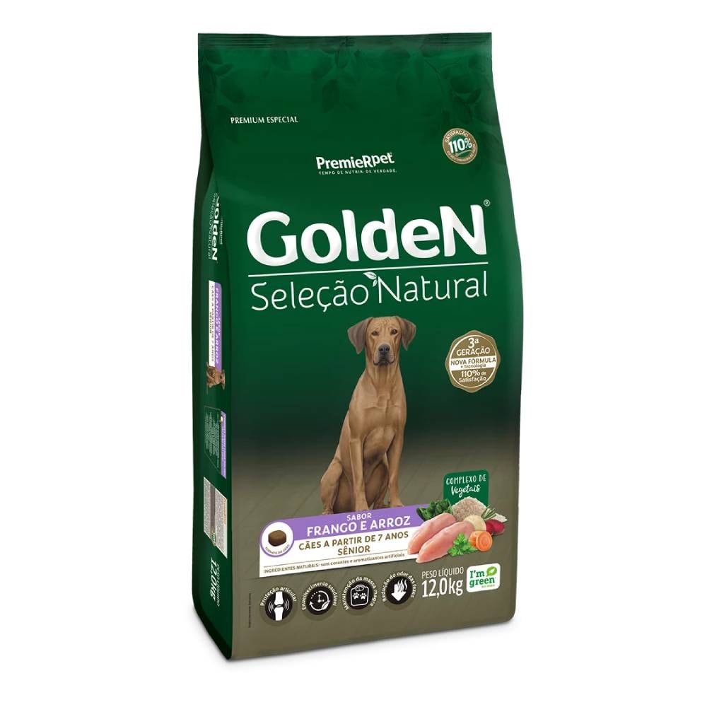 Ração Golden Seleção Natural Cães Sênior Sabor Frango & Arroz 12kg