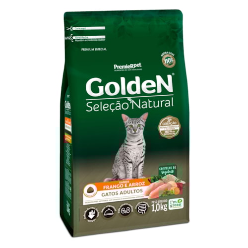 Ração Golden Seleção Natural Gatos Adultos Frango e Arroz 1,0 kg