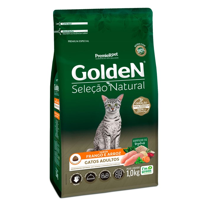 Ração Golden Seleção Natural Gatos Adultos Frango e Arroz 1,0 kg