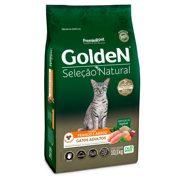 Ração Golden Seleção Natural Gatos Adultos Frango e Arroz 10,1 kg