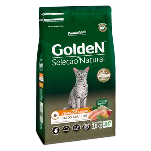 Ração Golden Seleção Natural Gatos Adultos Frango e Arroz 3,0 kg