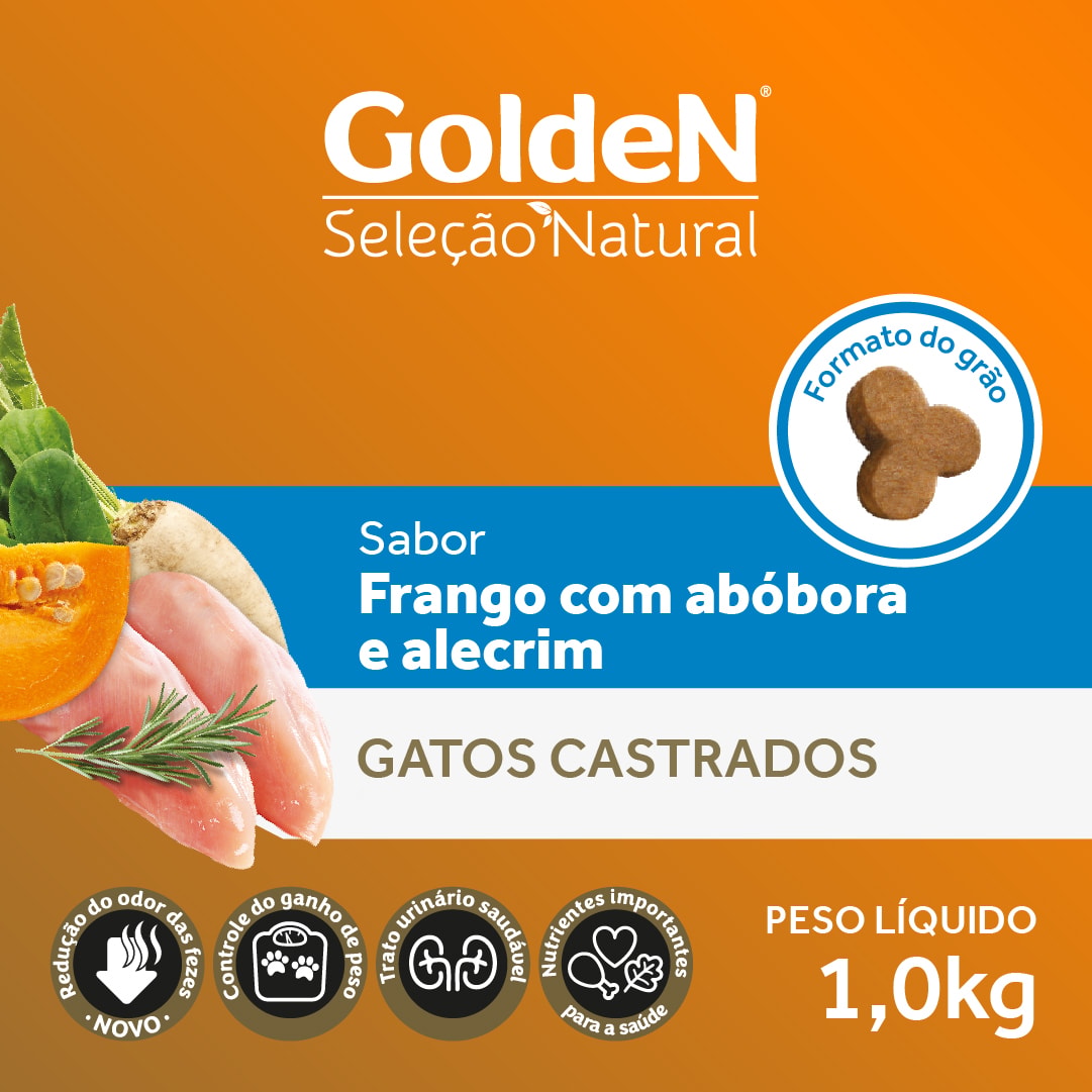 Ração Golden Seleção Natural Gatos Castrados Frango com Abóbora 1,0 kg