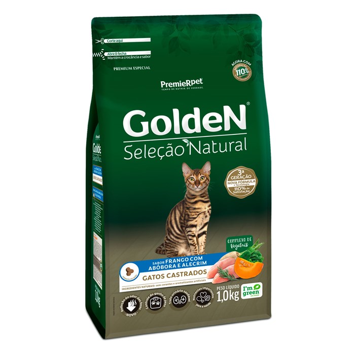 Ração Golden Seleção Natural Gatos Castrados Frango com Abóbora 1,0 kg