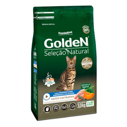 Ração Golden Seleção Natural Gatos Castrados Frango com Abóbora 3,0 kg