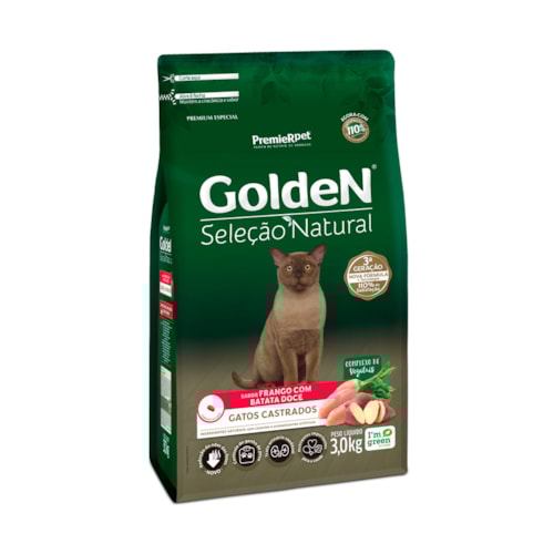 Ração Golden Seleção Natural Gatos Castrados Frango com Batata Doce 3,0 kg