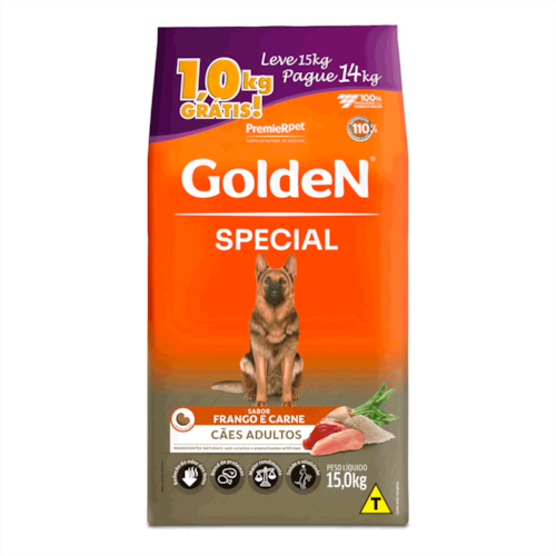 Ração Golden Special Cães Adultos Frango e Carne Embalagem Promocional Leve 15 kg Pague 14 kg