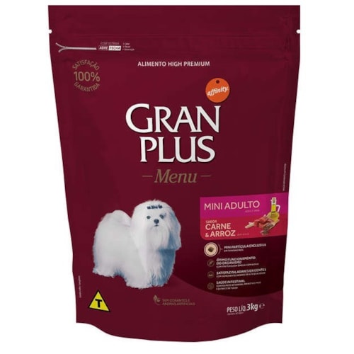 Ração Gran Plus Menu Cães Adultos Raças Mini Carne e Arroz 3,0 kg