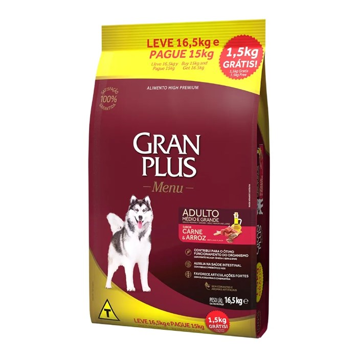 Ração Gran Plus Menu para Cães Adultos Sabor Carne e Arroz 16,5 kg (Embalagem Promocional)