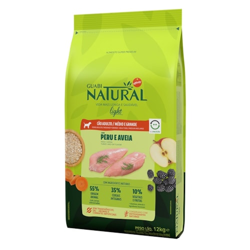 Ração Guabi Natural Light para Cães Adultos de Raças Médias e Grandes Sabor Peru e Aveia 12Kg