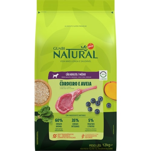Ração Guabi Natural para Cães Adultos de Raças Médias Sabor Cordeiro & Aveia 12kg