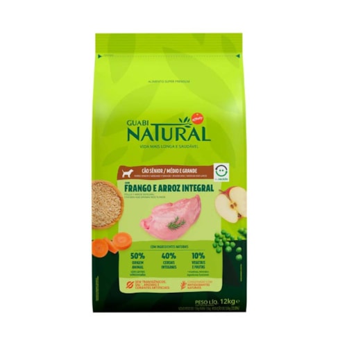 Ração Guabi Natural Sabor Frango e Arroz para Cães Sênior de Raças Médias e Grandes 12kg
