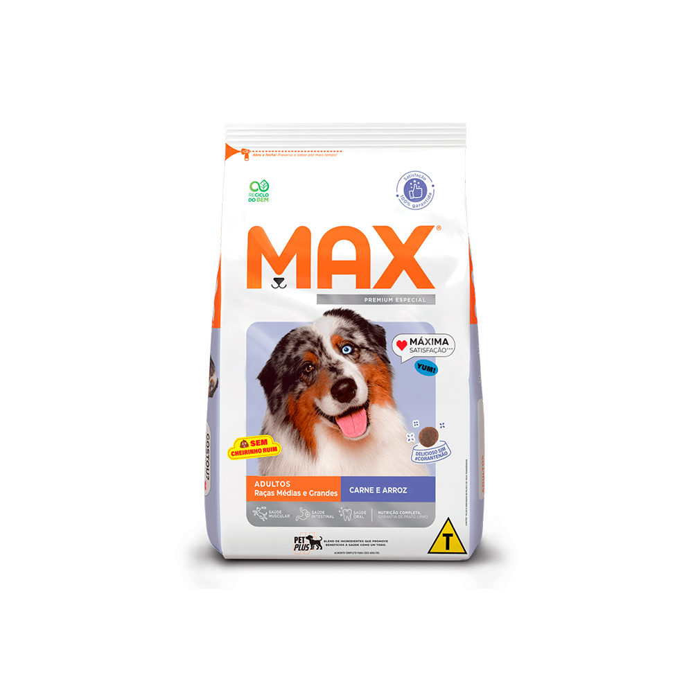 Ração Max para Cães Adultos Raças Médias e Grandes Sabor Carne e Arroz 20 KG