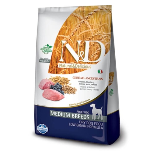Ração N&D Cereais Ancestrais Para Cães Adultos Raças Médias Sabor Cordeiro e Blueberry 10,1 Kg