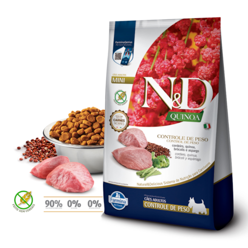 Ração N&D Quinoa Controle de Peso Cães Adultos Porte Mini e Pequeno Cordeiro, Quinoa, Brócolis e Aspargo