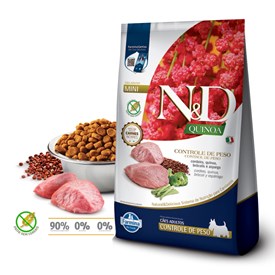 Ração N&D Quinoa Controle de Peso Cães Adultos Porte Mini e Pequeno Cordeiro, Quinoa, Brócolis e Aspargo
