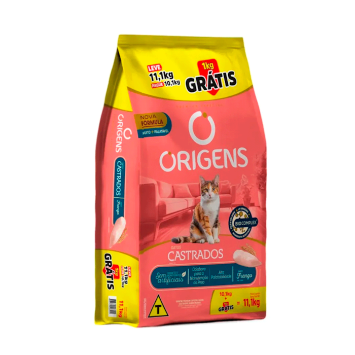 Ração Origens Gatos Adultos Castrados Sabor Frango 10,1 kg + 1 kg Grátis