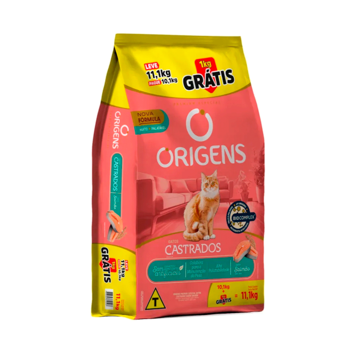 Ração Origens Gatos Adultos Castrados Sabor Salmão 10,1 kg + 1 kg Grátis