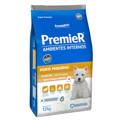 Ração Premier Ambientes Interno Cães Filhotes Raças Pequenas Frango e Salmão 12,0 kg