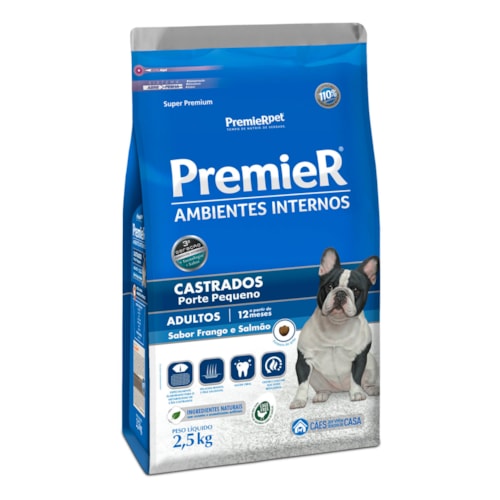 Ração Premier Ambientes Internos Cães Adultos Castrados Raças Pequenas Frango e Salmão 2,5 kg