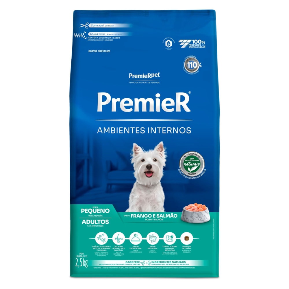 Ração Premier Ambientes Internos Cães Adultos Pequeno Porte Sabor Frango e Salmão 2,5kg