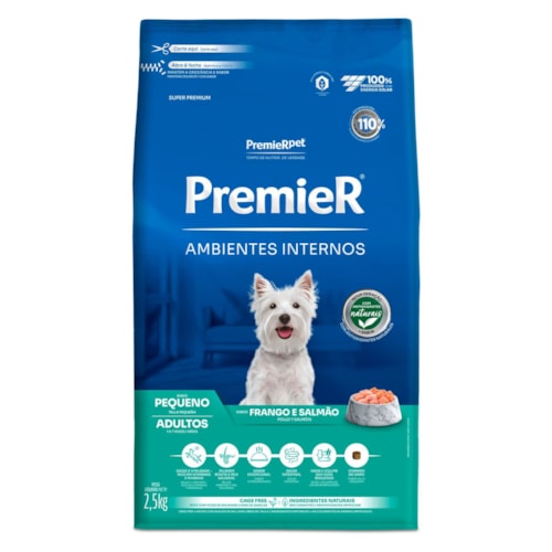 Ração Premier Ambientes Internos Cães Adultos Pequeno Porte Sabor Frango e Salmão 2,5kg