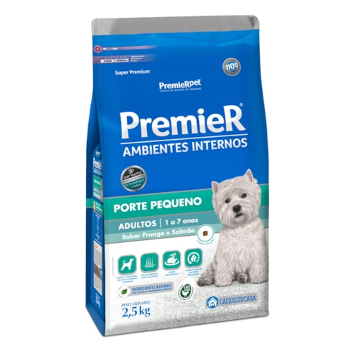 Ração Premier Ambientes Internos Cães Adultos Raças Pequenas Frango e Salmão 2,5 kg