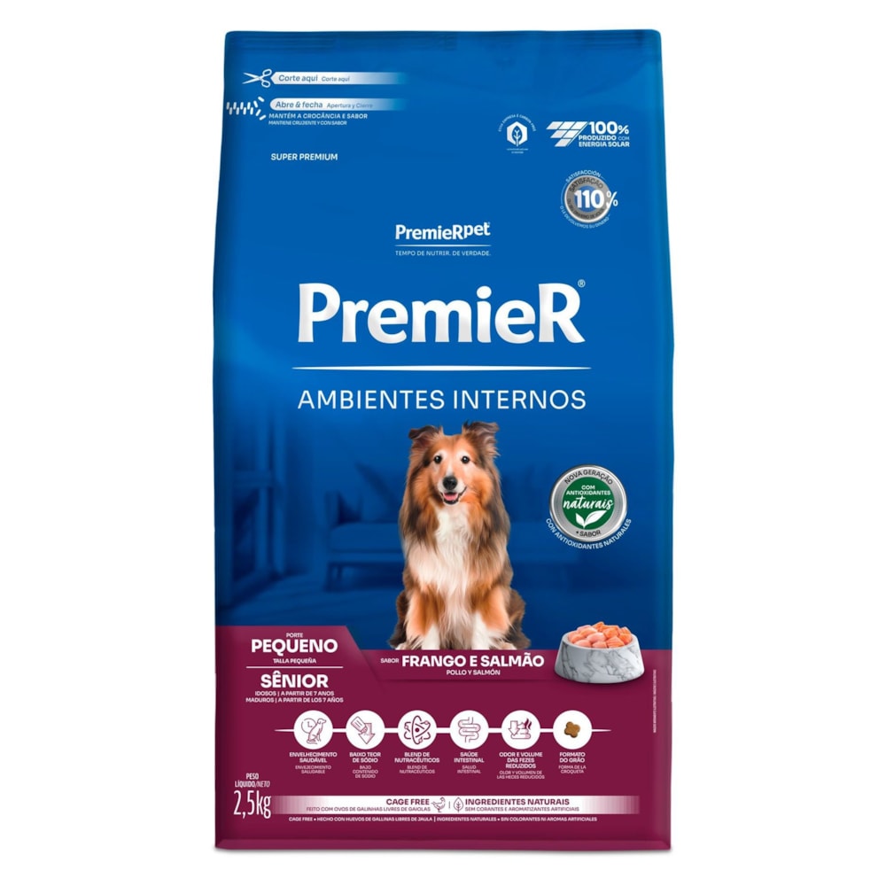 Ração Premier Ambientes Internos Cães Adultos Senior Sabor Frango e Salmão 2,5kg