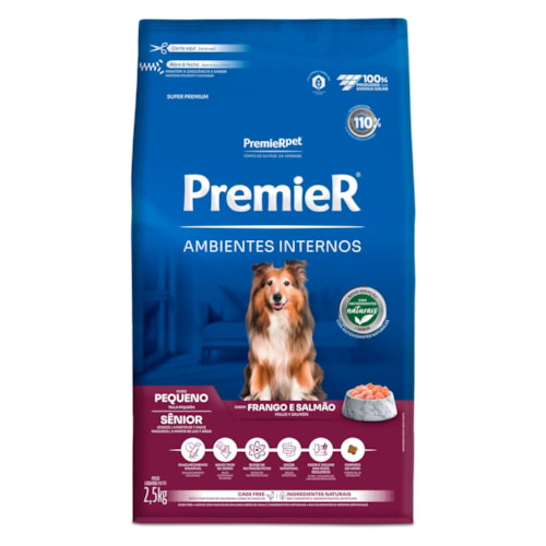 Ração Premier Ambientes Internos Cães Adultos Senior Sabor Frango e Salmão 2,5kg