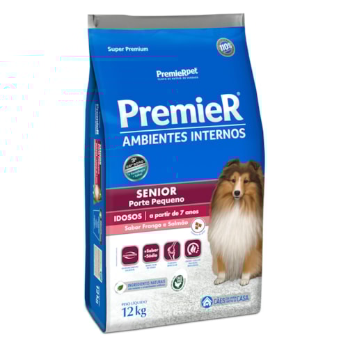 Ração Premier Ambientes Internos Cães Sênior Raças Pequenas Frango e Salmão 12,0 kg
