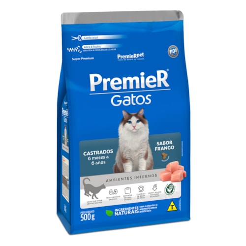 Ração Premier Ambientes Internos Gatos Adultos Castrados Até 6 Anos Frango 500 g