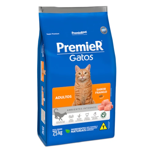 Ração Premier Ambientes Internos Gatos Adultos Frango 7,5 kg