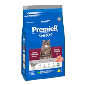 Ração Premier Ambientes Internos Gatos Adultos Pelos Longos Sabor Frango 1,5kg