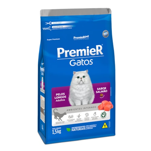 Ração Premier Ambientes Internos Gatos Adultos Pelos Longos Salmão 1,5 kg
