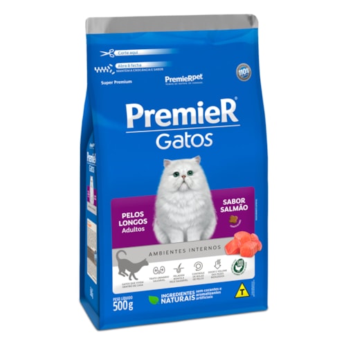 Ração Premier Ambientes Internos Gatos Adultos Pelos Longos Salmão 500 g
