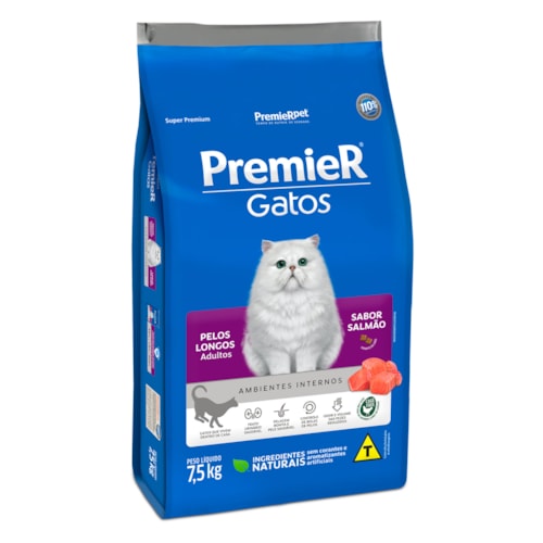 Ração Premier Ambientes Internos Gatos Adultos Pelos Longos Salmão 7,5 kg