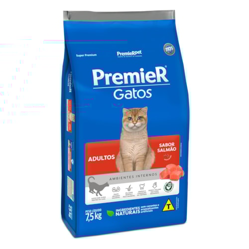Ração Premier Ambientes Internos Gatos Adultos Sabor Salmão 7,5Kg