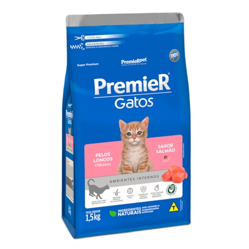 Ração Premier Ambientes Internos Gatos Filhotes de Pelo Longo Salmão 1,5 kg