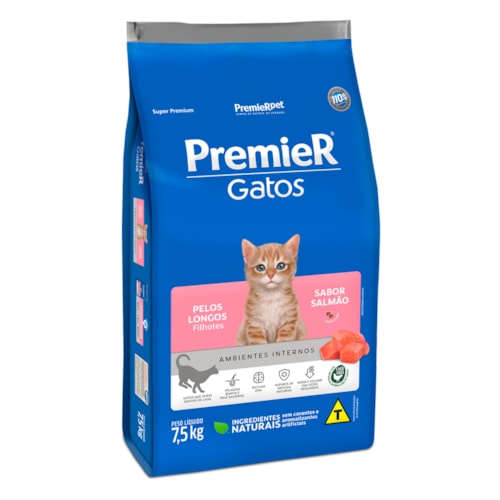 Ração Premier Ambientes Internos Gatos Filhotes Pelos Longos Salmão 7,5 kg
