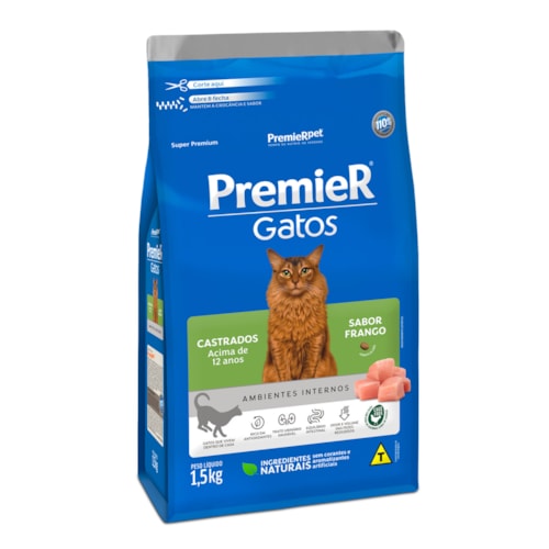 Ração Premier Ambientes Internos Gatos Sênior Castrados Acima de 12 Anos Frango 1,5 kg