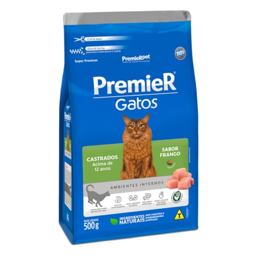 Ração Premier Ambientes Internos Gatos Sênior Castrados Acima de 12 Anos Frango 500 g