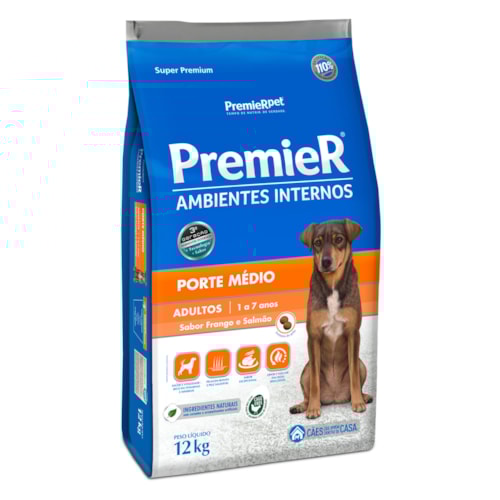 Ração Premier Ambientes Internos Para Cães Adultos de Porte Médio Frango e Salmão 12kg
