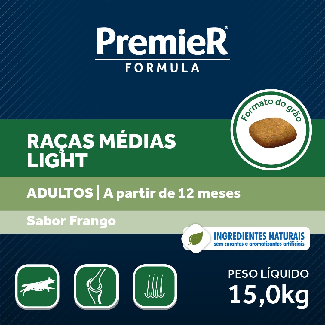 Ração Premier Fórmula Light para Cães Adultos Raças Médias Sabor