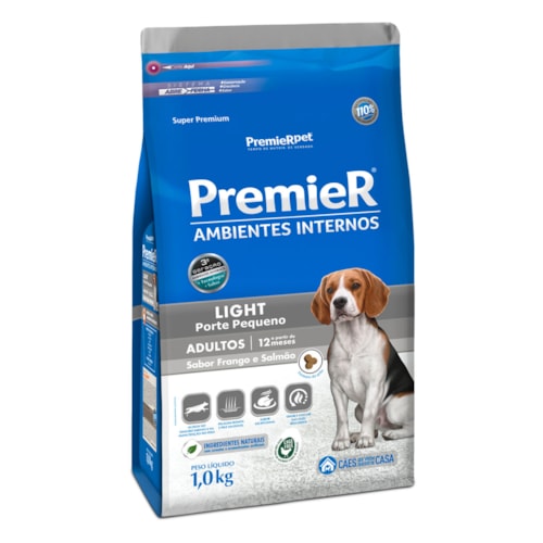 Ração Premier Light Ambientes Internos Cães Adultos Raças Pequenas Frango e Salmão 1,0 kg
